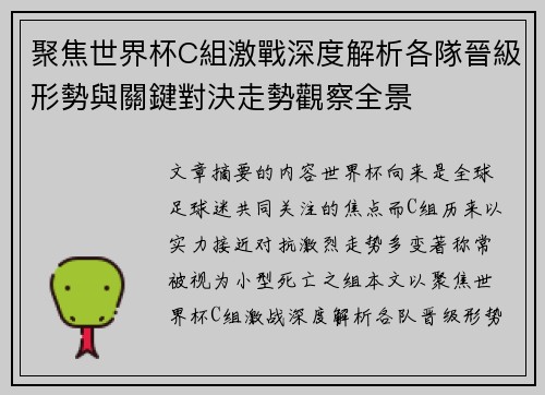 聚焦世界杯C組激戰深度解析各隊晉級形勢與關鍵對決走勢觀察全景 聚焦世界杯C組激戰深度解析各隊晉級形勢與關鍵對決走勢觀察全景